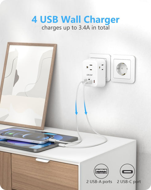 LENCENT Germany France Travel Power Adapter, Schuko Type E/F Plug Converter with 4 Outlet, 4 USB Charger (2 Type C).
