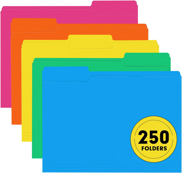 RAZCC File Folder, 250 Pack 1/3 Cut Tab Colored Folders, Assorted 5 Colors, Letter Size for Office Classroom Use