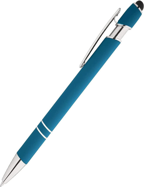 Rainbow Rubberized Soft Touch Ballpoint Pen with Stylus Tip - Premium Metal Pen, Black Ink, Box of 7, Light Blue
