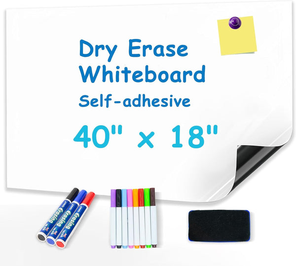 White Board Sticker 40" x 18”, Adhesive Magnetic Dry Erase Board for Wall, Peel and Stick Wallpaper with Markers