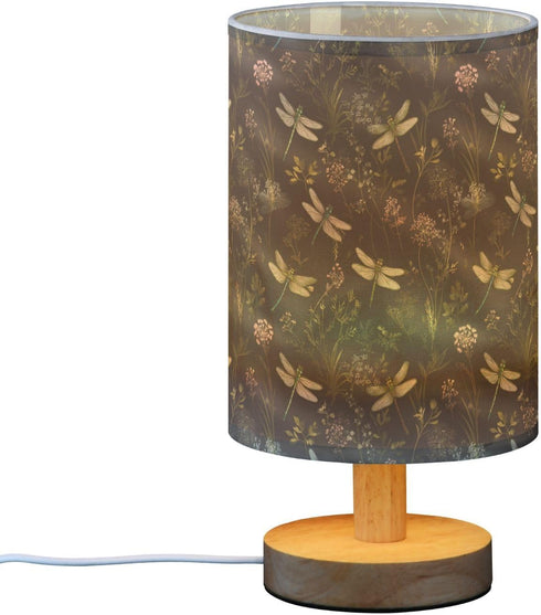 Dragonflies Insect Pattern Bedside Table Lamp Small Desk Lamps Linen Fabric Shade Decorative Nightstand Lamp LED