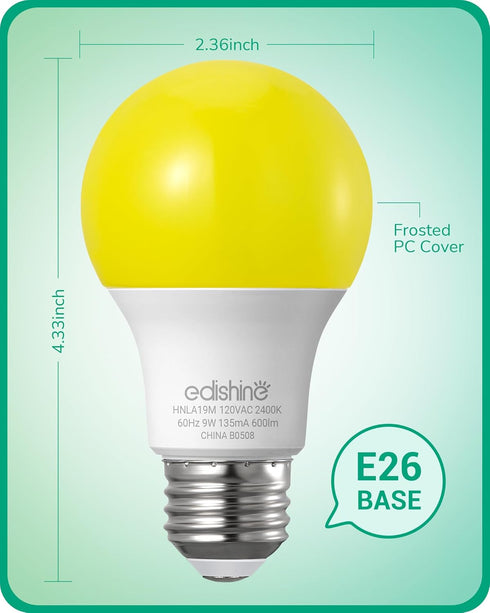 EDISHINE A19 Yellow Light Bulbs, 9W(60W Equivalent), 600LM 2400K Amber Glow, E26 Medium Base, Non-Dimmable, 8 Pack