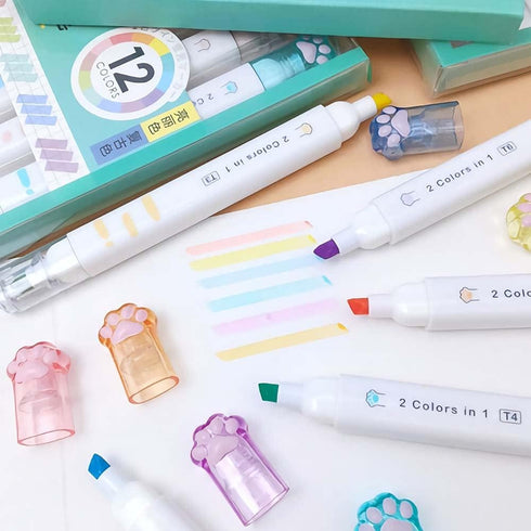 Double-Headed Cute Light Color Eye Protection Highlighter Markers, 6-Pack of 12 Flat Heads for School Supplies