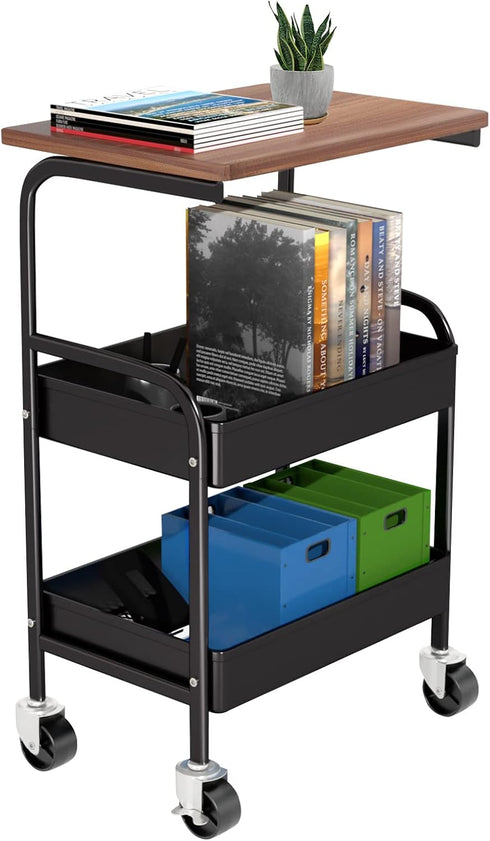 Rolling Cart with Wooden Tabletop, 3 Tier Metal Utility Cart, Lockable Wheels for Kitchen, Office, Bedroom (Black)