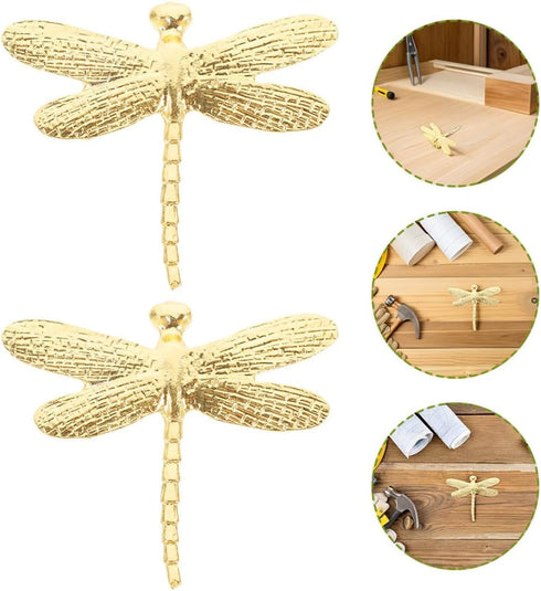 HAMPPLIES 4pcs Set, Dragonfly Cabinet Knobs Vintage Drawer Pull Handles for Dresser, Wardrobe, Bathroom, Gold Tone