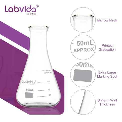 Shot Glass Set, 4pcs Narrow Mouth Glass Erlenmeyer Flasks, 50ml, 3.3 Borosilicate with Printed Graduation, LVC001