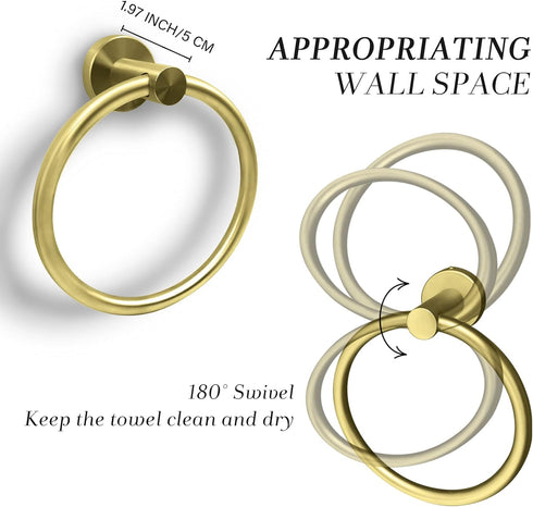 Gold Towel Ring, Hand Towel Holder for Bathroom Wall Mounted, Simple Round Towel Hanger SUS 304 Stainless Steel
