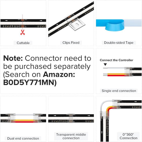 WS2811 DC24V 720LED/m 3.2FT 20IC/m 12mm BTF-LIGHTING FCOB IC RGB COB LED Strip Flexible High Density Uniform Chasing