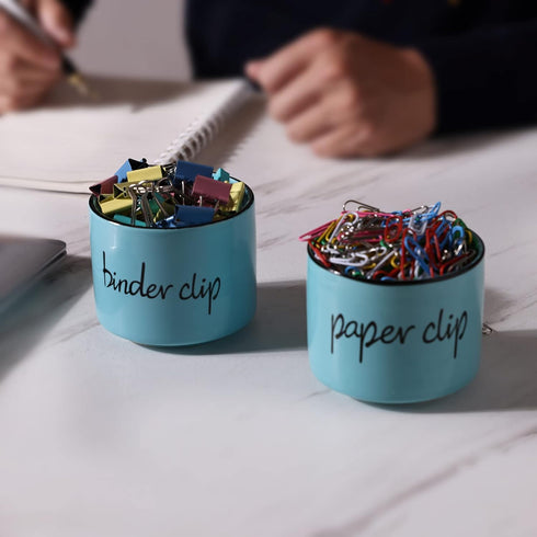 ONTUBE Ceramic Paper Clip and Binder Clip Holder Set, Desk Organizer for Office (Turquoise)