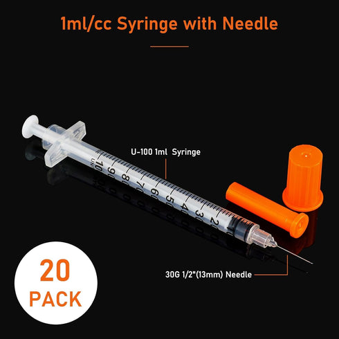 1ml Syringe with 30Ga 1/2in Needle, Individually Wrapped, Pack of 20