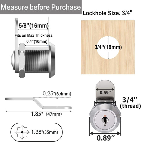 Cabinet Cam Locks Keyed Alike, 5/8'' Fits 3/8'' Max Door Thickness, Secure RV Storage Replacement Set, Zinc Alloy