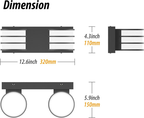 12.6 Inch 2-Light 6000K LED Bathroom Vanity Light - Black Fixture with White Acrylic Shades, Cool White, Mirror
