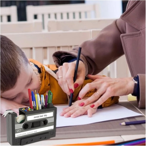 Tape Dispenser with Pen Holder - Retro Cassette Heat Tape Dispenser, Cute Roll Holder with Paperclips for Office Storage