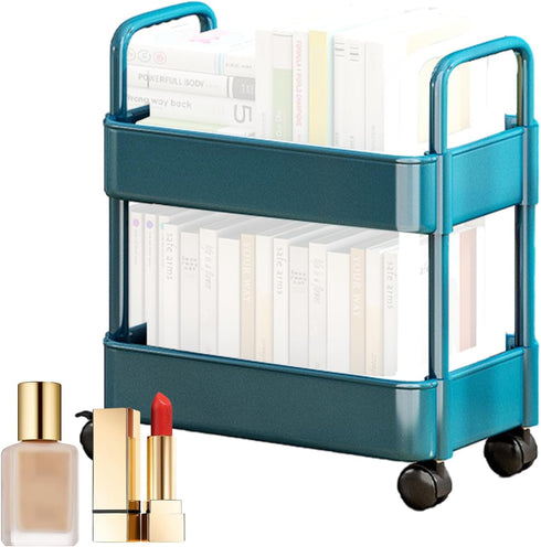 RFSHOP 2 Mobile Bookshelf, Moveable Small Bookshelf, Mobile Bookshelf with Wheels, Rolling Storage Cart Tier Utility