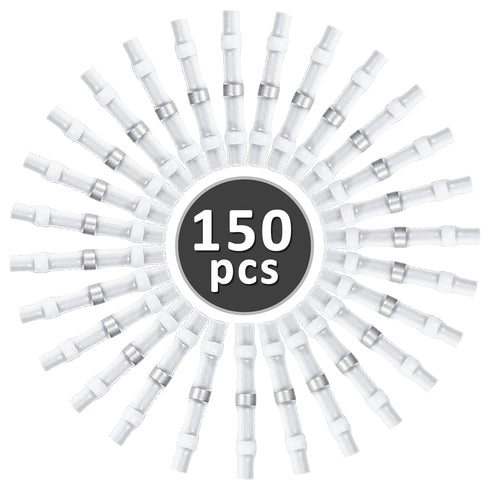 150 Pcs Solder Seal Wire Connectors 26-24 AWG White Heat Shrink Butt Connectors, Waterproof Insulated Electrical Splice Wire Terminals for Boat Truck Trailer Automotive Marine