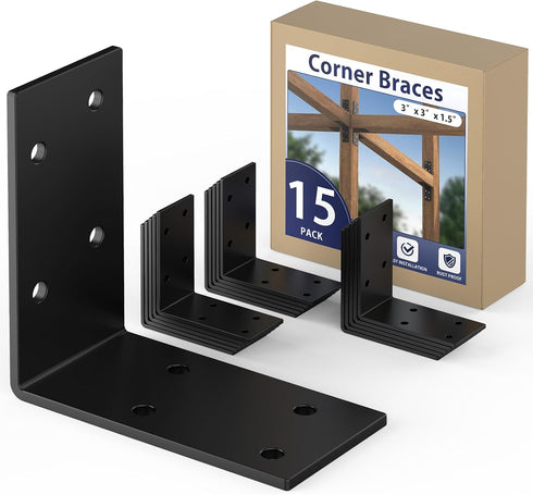 GZQIUYI 3x3 Inch 90 15 Pack Corner Bracket, Heavy Duty Galvanized L Brackets, Angle Corner Braces for Deck Posts, Wood