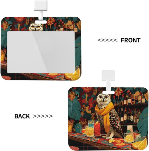 XBubupX Owl Vintage Glasses Perched On A Bar Cart Sliding Id Badge Holder Hard Plastic Work Card Case Name Tag