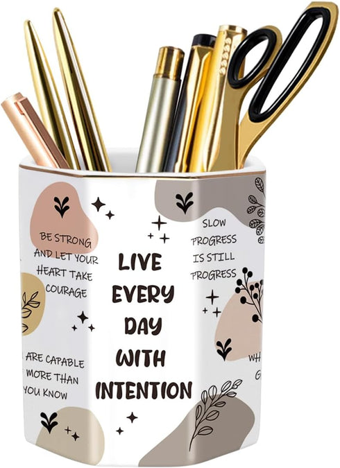 WAVEYU Cute Ceramic Pen Holder, Makeup Brush Organizer for School, Office, Teens, Girls, Boys