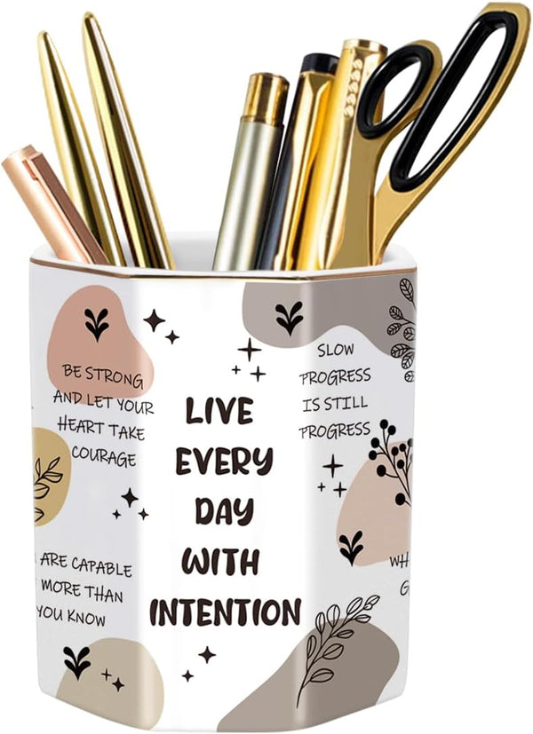 WAVEYU Cute Ceramic Pen Holder, Makeup Brush Organizer for School, Office, Teens, Girls, Boys