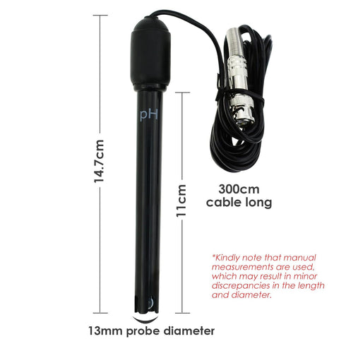 0-14 pH Electrode Probe BNC Connector, 300cm Cable for PH Meter Monitor Controller Test Sensor