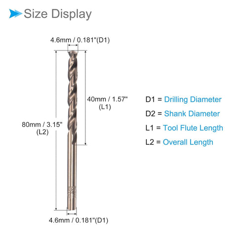 Twist Drill Bits, 4.6mm Drilling Diameter, Titanium Coated High Speed Steel 6542, 2-Pieces for Stainless Steel
