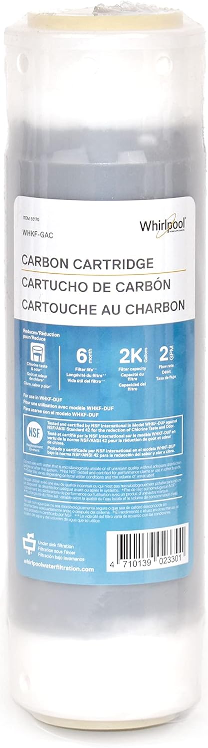 Whirlpool Granular Activated Carbon Replacement Water Filter WHKF-GAC, 10" x 2.5", Reduces Chlorine & Odor