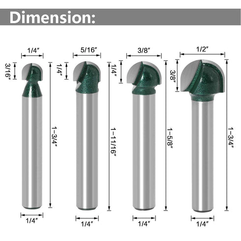 Yakamoz 4Pcs 1/4" Shank Round Nose Router Bit Set for CNC Sign Making and Woodworking Carving
