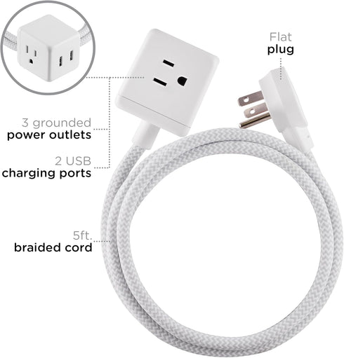 Cordinate Cube Extension Cord, 5 Ft, 3-Outlet Flat Plug Extension Cord, Cube Extension Cord with Multiple Outlets, 3 Prong Cube Extension Cord, 2 USB Ports Braided Extension Cord, Gray/White, 55355