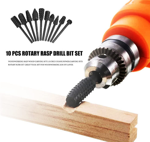 Rasp Wood Carving Bits for Woodworking, 1/8 Shank Mini Rotary Burr Rasp Set, 10 pcs Power Carving Bit Tools