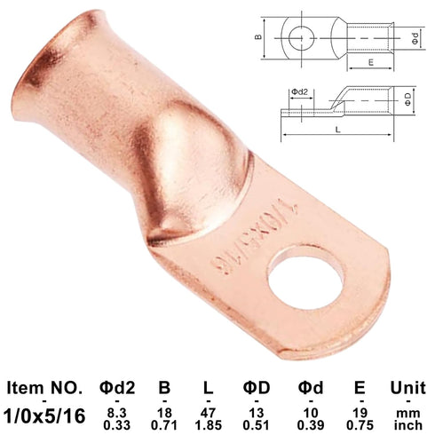 10PCS Heavy Duty Battery Lugs, 1/0AWG 5/16in M8 Battery Cable Ends Ring Terminals, Electrical Connectors
