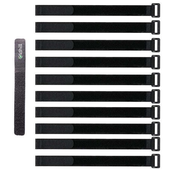 Adjustable and Reusable Hook and Loop Cinch Straps - 10 Pack (12" x 0.8", Black)