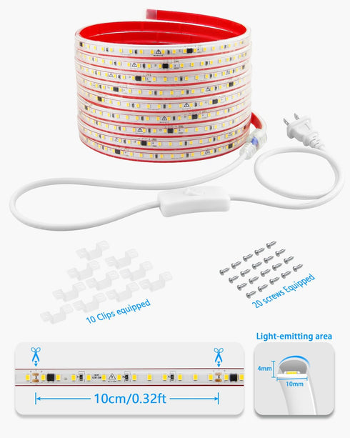 IP65 110-130V 16.4FT 3000K 120 Outdoor LED Strip Lights Waterproof AC LED Rope Light Warm White Strong Adhesive