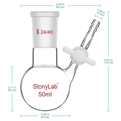 stonylab 50 ml Reaction Flask, Borosilicate Glass Single-Neck Round Bottom Flask with 24/40 Joint & PTFE Stopcock Valve