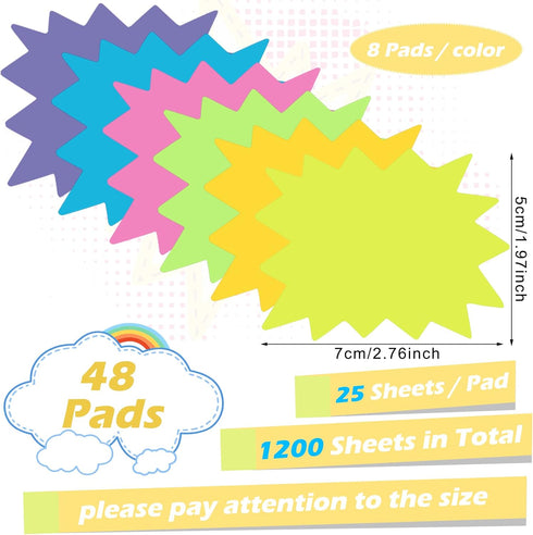 Crtiin Sticky Notes 1200 Sheets Neon Fluorescent Starburst Shape Price Tag Memo Sale Signs Cute Fun Self Adhesive Sticky Notes for Classroom School Office Organizer Notebook, 6 Colors(2.76 x 1.97'')