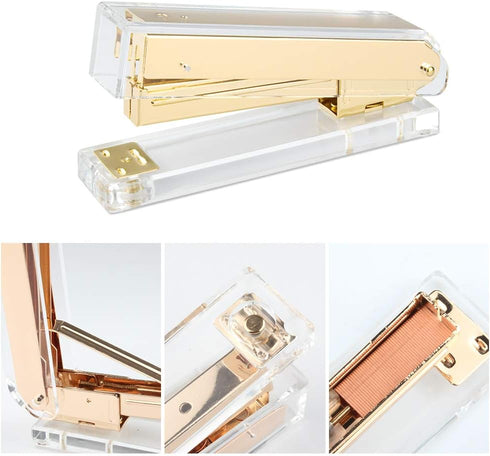 Gold Acrylic Stapler Set, Desk Accessory & Decoration Kit, Includes Clear Stapler, 1000 Staples, Tape Dispenser
