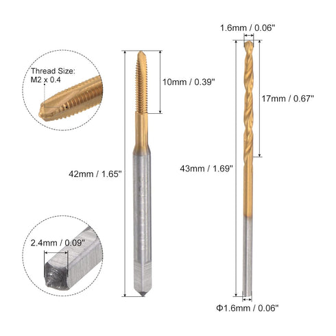 uxcell M2 x 0.4 Spiral Point Thread Tap and 1.6mm Twist Drill Bit Set, Metric Titanium Plated for Machine Threading