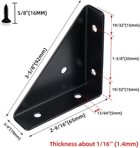 2-9/16" 20 Pack Corner Brace L Bracket for Wood Solid Steel Triangle Bracket with Screws for Bookshelf/ Table/ Desk