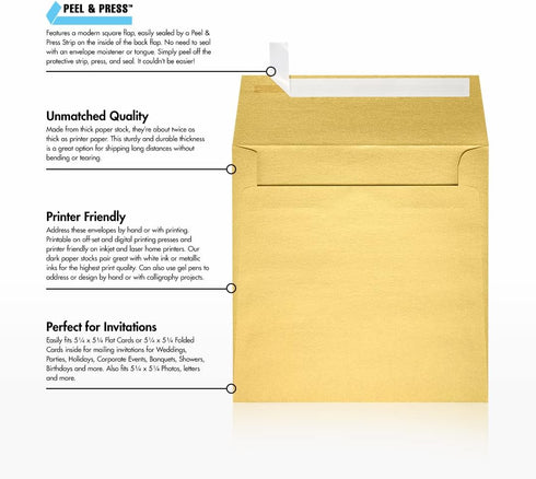 LUXPaper Square Invitation Envelopes | Peel & Press | Gold Metallic | 5 1/2" x 5 1/2" | 50 Qty