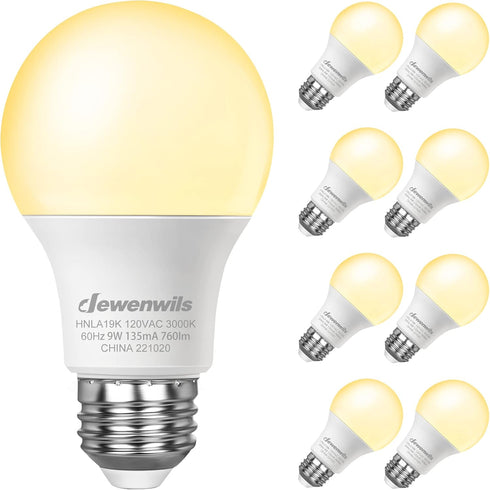 DEWENWILS 8-Pack A19 LED Light Bulb, 760LM, 3000K Soft Warm Light, Energy Saving 9W, E26 Base, Non Dimmable