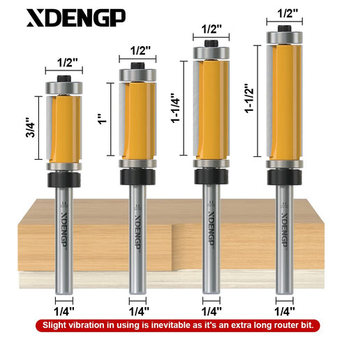 4 Set 1/4 Inch 1/2 Inch 3/4", 1", 1-1/4", 1-1/2" Inch PCS Top and Bottom Bearing Flush Trim Router Bits Shank, Cutting