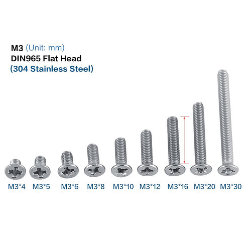 100Pcs/Bag M3 Machine Screws, 9 Types M3 Flat Head Stainless Steel SS304 Machine Countersunk Screw Bolt