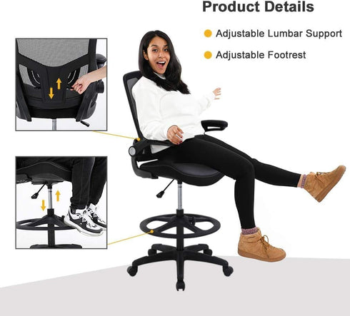PayLessHere Drafting Chair Ergonomic Tall Office Chair Standing Desk Chair with Flip Up Arms Foot Rest Back Support