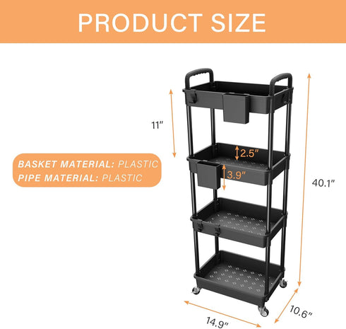 4 Tier Rolling Utility Cart with Handle,REBECAT Utility Cart Made of Multifunctional Storage Organizer Tool