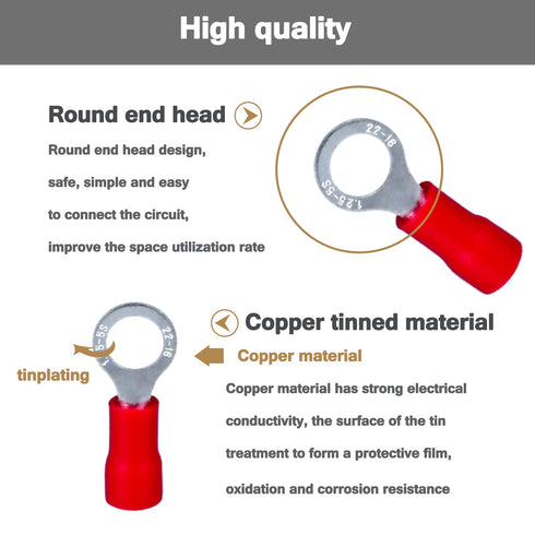 RV1.5-3 Insulated Ring Electrical Wire Connectors, Pre-Insulating Terminal Crimp for 22-16AWG (0.5-1.5mm) Cable, 100pcs