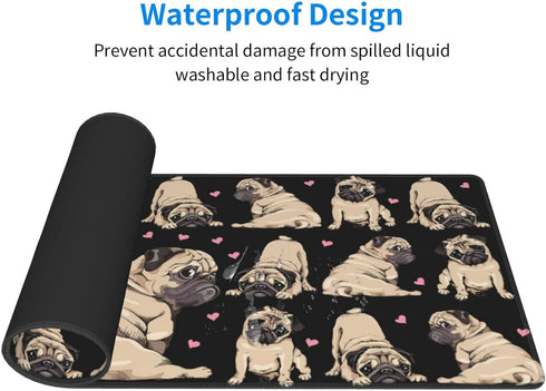 Pug Cute Black Cool FUUNY Dog Love Mouse Pad, XL Extended Non-Slip Rubber Base, 31.5 x 11.8 Inch