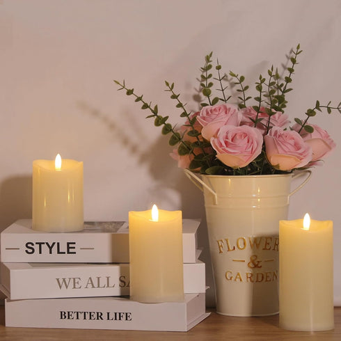 3 Pack NURADA Outdoor Flameless Candles with Remote Timer - Waterproof Realistic Flickering LED Pillar Electric Battery