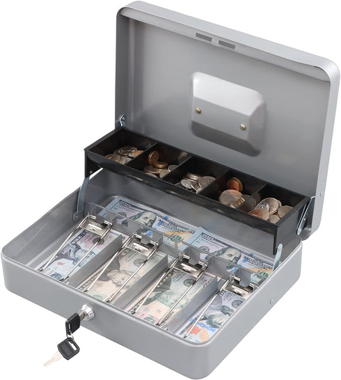 KYODOLED Locking Cash Box with Key, Money Box with Cash Tray, Lightgrey XL Large, 11.81L x 9.45W x 3.54H Inches