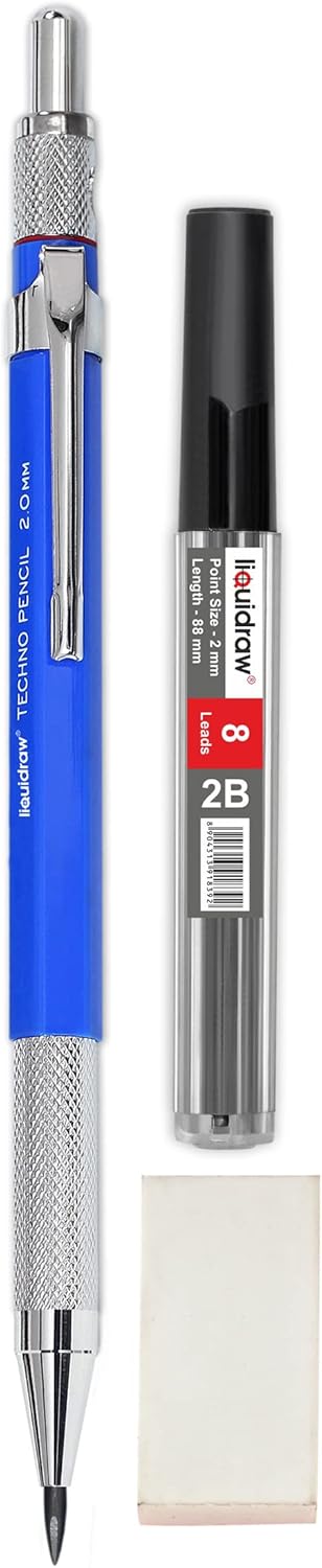 Mechanical Clutch Pencil 2mm with 8 x 2B Leads, Eraser & Integrated Sharpener for Technical Drawing