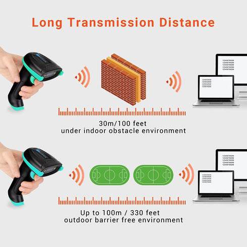 Tera 2-in-1 (2.4Ghz 2.0 328 1D Barcode Scanner Wireless Versatile Wireless+USB Wired) with Battery Level Indicator Feet