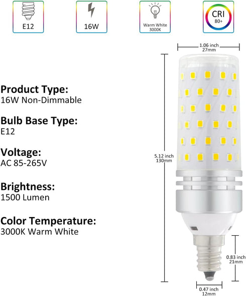 4 Pack E12 Bulbs, 16W Bulbs 100 3000K, 1500lm, Non-Dimmable, Bulbs LED Candelabra LED Light Watt Equivalent, Warm White